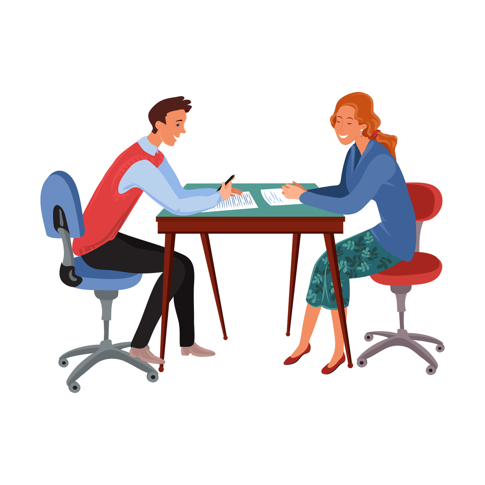 Office man and woman working together sitting at the table. Workplace communication, interviews, negotiations, meeting concept. Isolated vector icon illustration on white background in cartoon style.